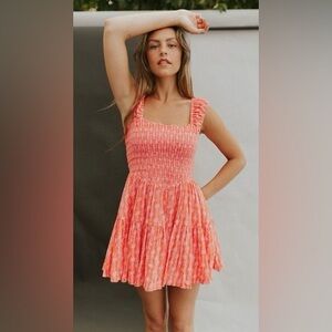 Free People Sweet Annie Smocked Mini‎ Dress in Pink Red Floral Combo Size Medium